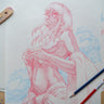 Original sketch No. 015: Figure with flowing hair and blue waves