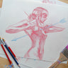 Original sketch No. 016: Figure holding a blue arrow