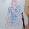 Original sketch No. 017: Figure with blue bands and a mask